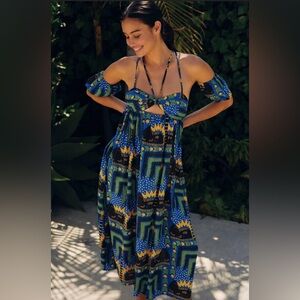 Anthropologie Blue and Yellow Patterned Midi Dress